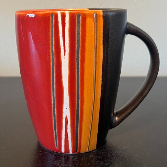 HomeTrends BAZAAR Pattern Stoneware Mug Burnt Red, Black Orange & White Stripes - Picture 2 of 15